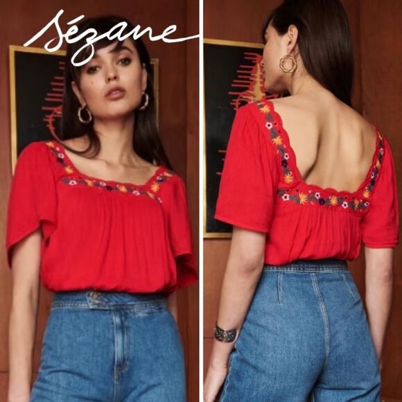 Sézane Bea Blouse Cherry Red Embroidered Sqaure Neckline French Girl Boxy Top - Picture 7 of 10